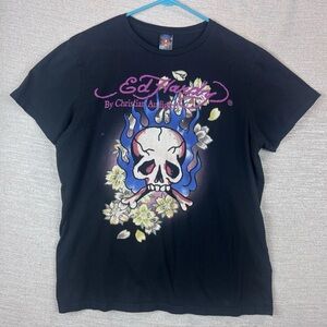 Ed Hardy Size XL Black Short Sleeve Flaming Skull Back Hit Logo Tee Shirt VTG